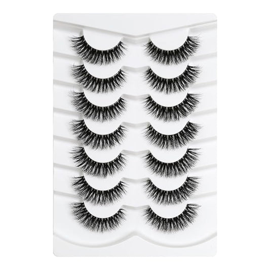 3D Clear Band Lashes Natural Volume Soft Faux Mink Lashes D Curl Cat Eye Wispy Fake Eyelashes Short Cross Reusable False EyeLashes 7 Pairs (No.197)