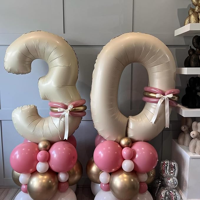 40 Inch Large Cream Numbers Balloons 0-9, Self Inflating White Sand Foil Number 0 Helium Balloon for Boy Girl, Big Beige Digit 0 Balloons for Women Men 30 40 50 60 70 80 100 Birthday Party Decoration