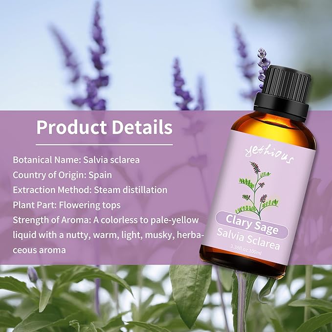 yethious Clary Sage Essential Oil for Diffuser & Aromatherapy, Skin, Candle Soap Making Fragrance DIY - Clary Sage Oil Organic 3.38 Fl Oz