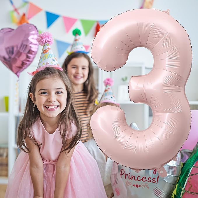 3rd Birthday Balloons for Girls, 40'' Foil Self Inflating Light Baby Pink Number 3 Balloon, Pastel Dusty Blush Pink Large 3 Balloon Number for 3 Yeal Old Birthday Party Decor Anniversary Decorations
