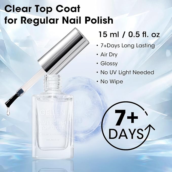 GELLEN Clear Nail Polish Top Coat, Shine Glossy Regular Nail Polish, Calcium Formula Strengthens Nails, Quick Air Dry, No Wipe, Long Lasting, Chip Resistant, Not UV Gel, Hema Free, Non-toxic, 15ml