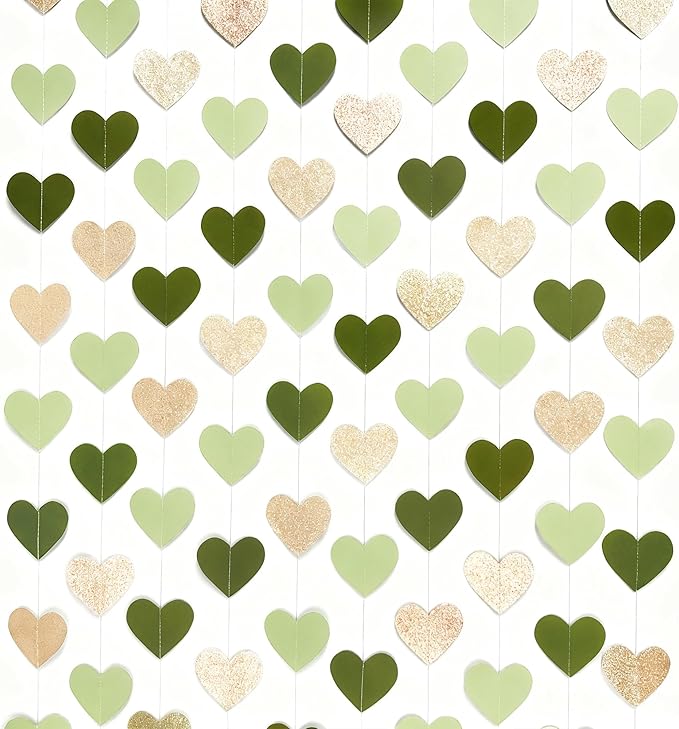 Sage Green Champagne Gold Heart Party Decorations Glitter Champagne Gold Paper Olive Green Love Heart Hanging Garland Banner Streamer for Birthday Baby Shower Wedding Anniversary Valentines Day Party