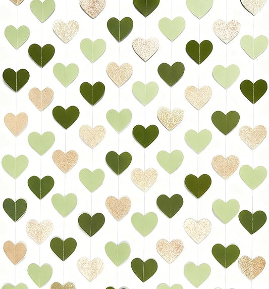 Sage Green Champagne Gold Heart Party Decorations Glitter Champagne Gold Paper Olive Green Love Heart Hanging Garland Banner Streamer for Birthday Baby Shower Wedding Anniversary Valentines Day Party