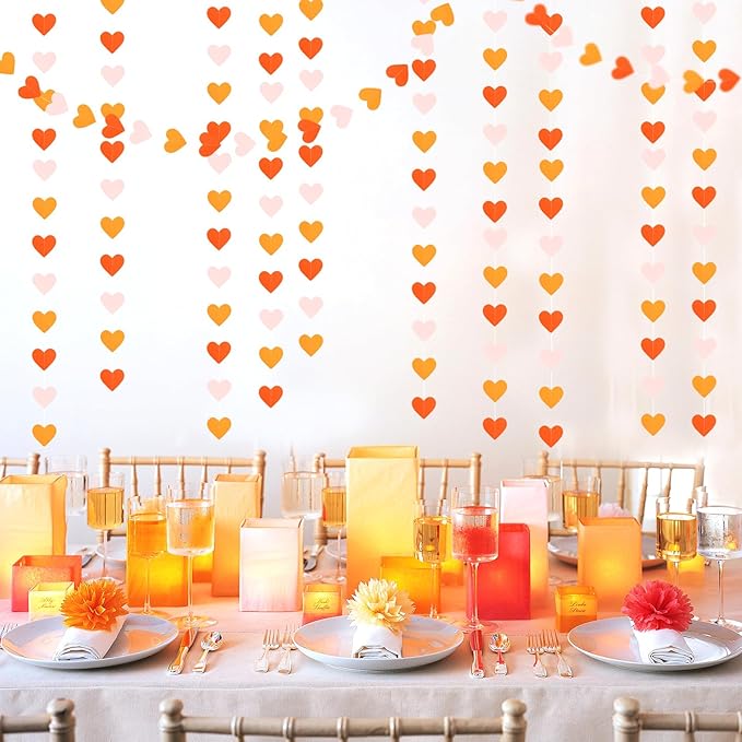 Pink Orange Fall Engagement Party-Decorations Heart-Garland - 52ft Fall Autumn Thanksgiving Harvest Hanging Streamers Banner,Birthday Baby Bridal Shower Wedding Bachelorette Groovy Decor Panduola