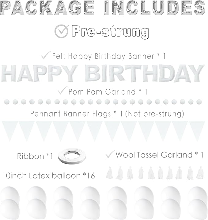 White Themed Birthday Decoration Set, White Pre-Strung 3D Felt Happy Birthday Banners, Pom-Pom Garland, Party Pennant Felt Banner Flags, Tassel Garland, Balloons, Reusable Party Decor,Photo Prop