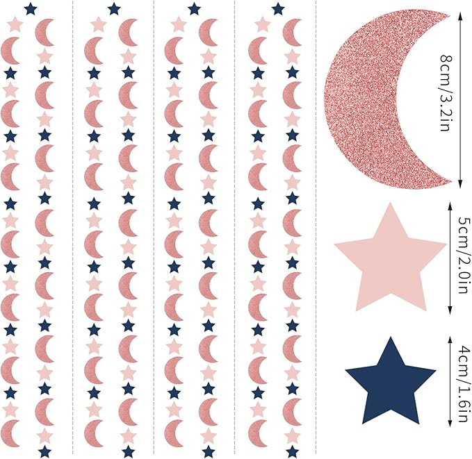 Rose-Gold Moon-Star Party Decorations Garland - 52Ft Navy Blue Pink Twinkle Little Star Hanging Decoration Streamers Banner, Eid Ramadan Mubarak Decoration Birthday Wedding Baby Shower Decor Panduola