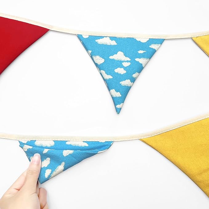 2 Sets of Cartoon Story Party Decorations Nursery Garland 24Pcs Red Blue Yellow Toy Themed Story Fabric Banner Cloud and Cow Print Triangle Pennant Flag Streamers for Kids Birthday Baby Shower Decor