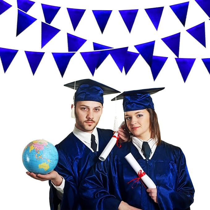 Royal Blue Triangle Pennant Banner Flag - Dark Blue Metallic Fabric Bunting Garland for Graduation, Wedding, Retirement, Bridal Shower, Birthday, Nautical Parties