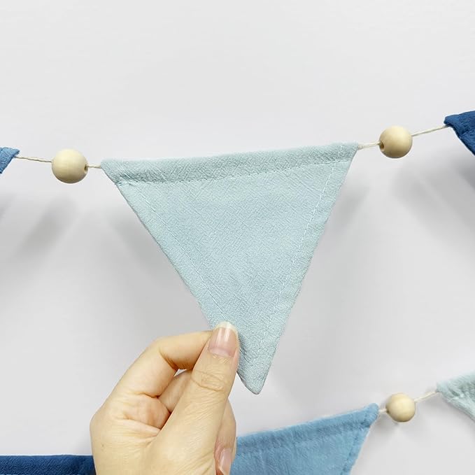 2 Sets of Blue Pennant Wooden Bead Banner Nursery Garland 20pcs Royal Linen Fabric Flags Triangle Streamers for Baby Room Decor Kids Boys Nautical Birthday Baby Shower Boho Event Party Decorations