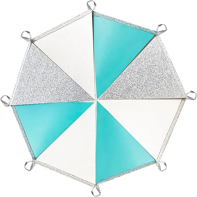 Teal Blue and Silver White Pennant Banner Flag Hanging Glitter Paper Triangle Bunting for Birthday Baby Shower Graduation Bridal Shower Wedding Engagement Turquoise Aqua Party Decorations Supplies