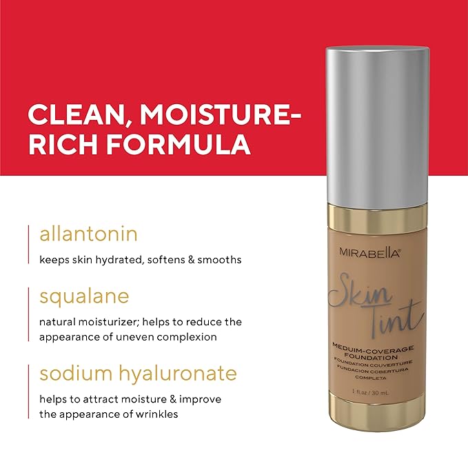 Mirabella Skin Tint Creme Liquid Foundation Makeup, Oil-Free Mineral Foundation for Medium Coverage - w/Hyaluronic Acid, Squalane, & Allantoin for All Skin Types - IIW Warm