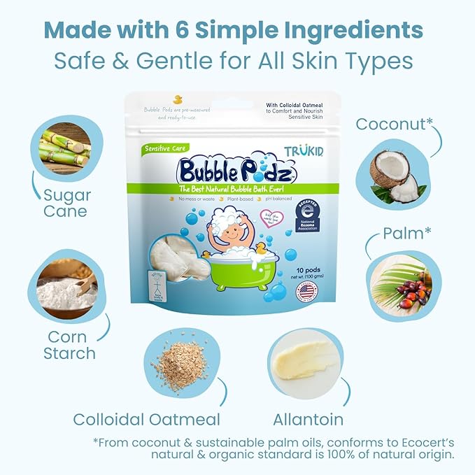 TruKid Bubble Podz Bubble Bath for Kids, Toddlers, & Babies, NEA-Accepted for Eczema, Gentle Refreshing Colloidal Oatmeal Bath Bomb for Sensitive Skin, pH Balanced, Tear Free, Unscented (10 Podz)