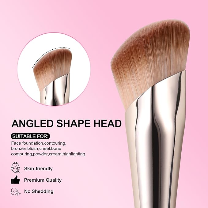 Angled Foundation Brush for Liquid, 16.2CM/6.4in Angle Contour Brush Kabuki Makeup Brushes with Soft Dense Synthetic Bristles Face for Liquid, Buffing, Contouring, Bronzer, BB Cream, Blending (Pink)