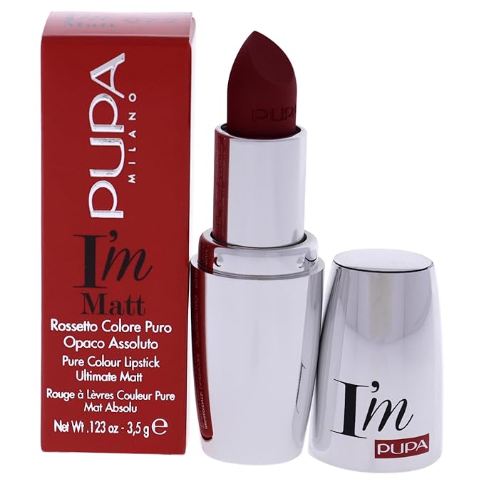 PUPA Milano I Am Matt Pure Colour Lipstick - Dresses Lips In Full, Deep Color - Matte, Velvety And Extremely Sensory Feel - Glides On Without Weighing Lips Down - 072 Velvet Ruby - 0.123 OZ