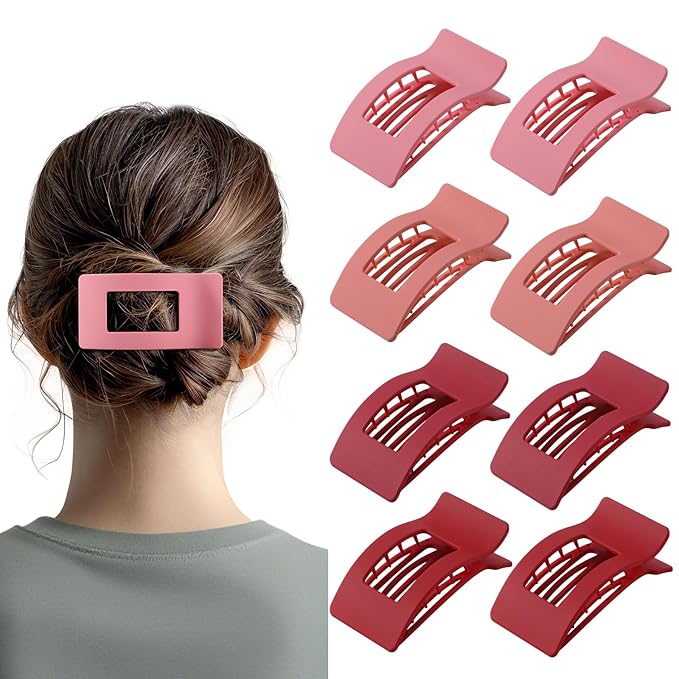 8 Pack French Flat Hair Clips for Women – Large Matte No-Slip Claw Barrettes for Thick & Thin Hair, Strong Hold Styling Accessories (Red and Pink)
