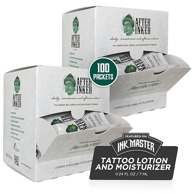 After Inked Tattoo Aftercare Lotion – Moisturizing Balm, As Seen on INK MASTER, Hydrating Cream with Grape Seed Oil, Skin Nourishment & Daily Maintenance, Reclosable Pillow Pack (100-Pack), 7ml