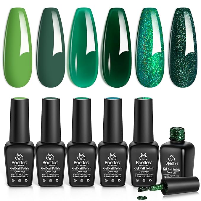 Beetles Carnival Evergreen Gel Nail Polish Set 6 Pcs Glitter Green Sparkle Gel Polish Kit Soak Off UV Nail Lamp Avocado Dark Green Nail Gel Nail Kit Nail Art Design