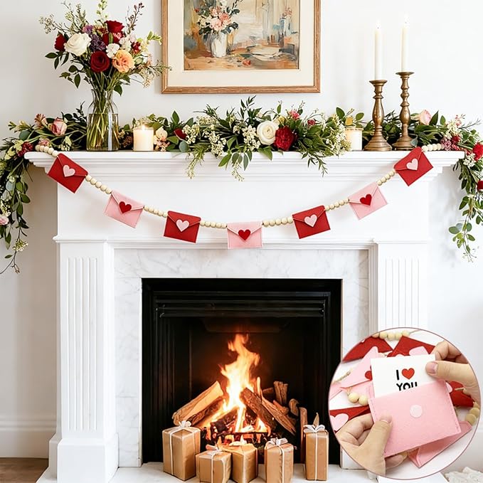 Valentines Day Decorations, Felt Heart and Envelope Garland with Wooden Beads, Valentines Day Garland for Mantle, Heart Decorations, Banner, Fireplace, Wall, Party (Openable Envelope)