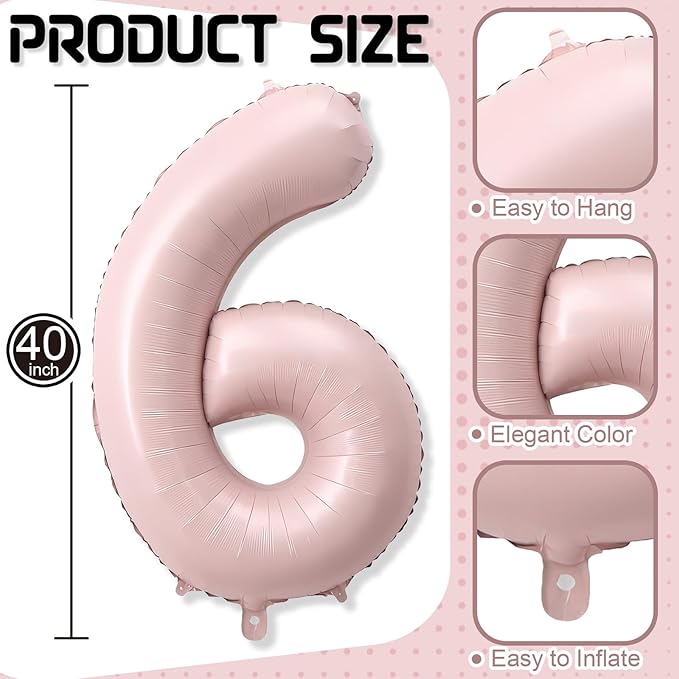 40 Inch 6 Balloon Number, Large Pastel Baby Pink Foil Number 6 Balloons Birthday Party Decor, Dusty Light Blush Matte Pink Mylar Self Inflating Balloon for Girls 6th Birthday Anniversary Decorations