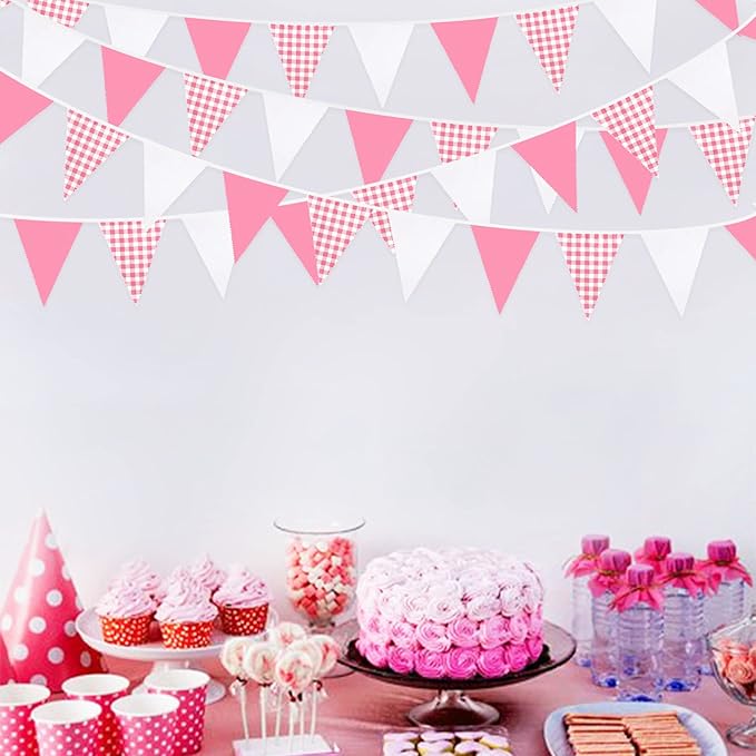 32Ft Hot Pink Plaid Checkered Pennant Banner Fabric Gingham Triangle Flag Bunting Garland Streamers for Wedding Birthday Baby Shower Party Home Nursery Outdoor Garden Hanging Festivals Decoration