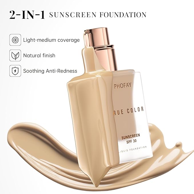 PHOFAY Matte Sunscreen Liquid Foundation SPF 30 (1.02 fl oz) - Long-Wearing Oil-Control, Concealing & Non-Greasy Buildable Coverage, Suitable for Most Skin Types, Daily & Outdoor Use (03#)