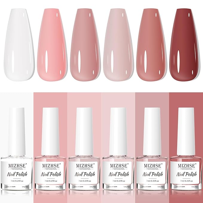 MIZHSE Nail Polish Set: 6 Classic Nude Colors Collection Milky White Nude Pink, Quick Dry Nail Lacquer Fingernail Manicure DIY Nail Art Salon, Ideal Gift for Women