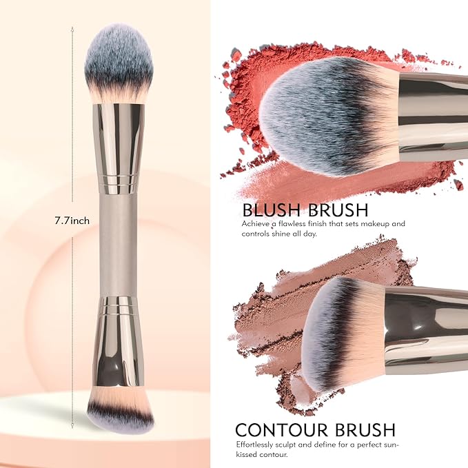 Dual-Ended Foundation Brush: Round & Angled Pro-Grade makeup brushes, 100% Vegan Synthetic Makeup Brush for Flawless Blending and Application of Liquid, Powder, Cream, Blush (Round Dual-Ended)