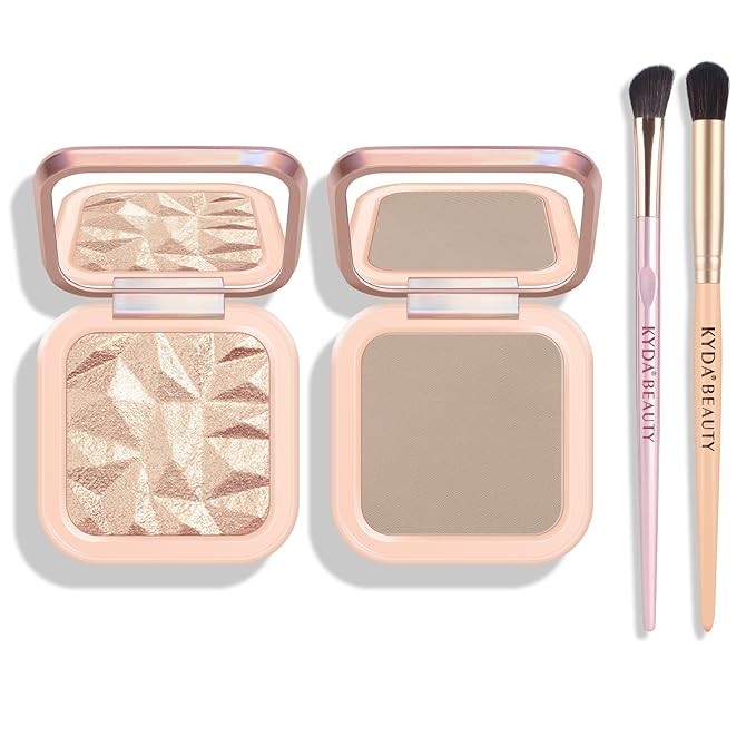 KYDA Highlighter Contour Palette Kit, Glossy Face Illuminator & Natural Matte Contour Bronzer, Lasting Glow Face Sculpting Contouring Makeup, Blendable Formula, Sun Glow & Taupe
