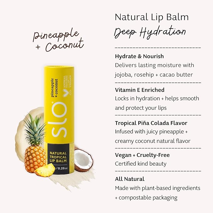 Slo | Natural Lip Balm - All Natural Ingredients, Vegan & Cruelty Free, Hydrating & Soothing, Plastic Free, Paper Packaging | Pina Colada + Zinc, (0.28oz/8g)