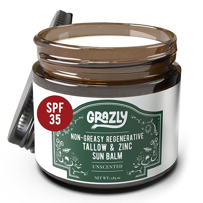 Beef Tallow Sunscreen SPF 35 – Unscented Water Resistant Zinc Sun Balm, Non-Greasy Natural Sunscreen for Face & Body – 4 Natural Ingredients: Non-Nano Zinc, Organic Coconut Oil, Beeswax- 1.8 oz