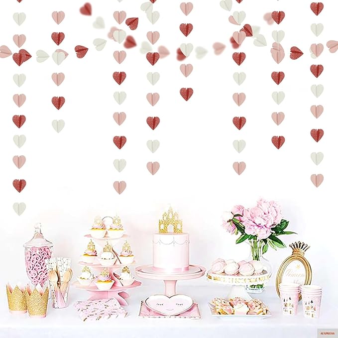 Rose-Gold Pink White 3D-Heart Garland - 39Ft Party Decorations Hanging Paper Streamers Banner,Engagement Wedding Bachelorette Baby Bridal Shower Decor Ouruola