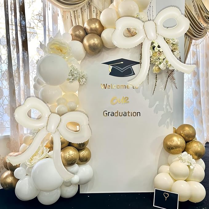 4 Pcs Bow Birthday Decorations Cream Bow Balloons for Girl Women Bow Themed Party Decorations Giant Foil Beige Balloons for Birthday Baby Shower Gender Reveal Wedding Decor Party Supplies