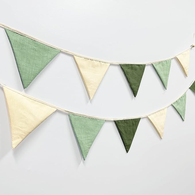 2 Sets of Sage Green Pennant Banner 24Pcs Nursery Garland Flags Olive Green Fabric Linen Triangle Streamers for Baby Room Decor Kids Jungle Safari Summer Birthday Baby Shower Boho Party Decorations