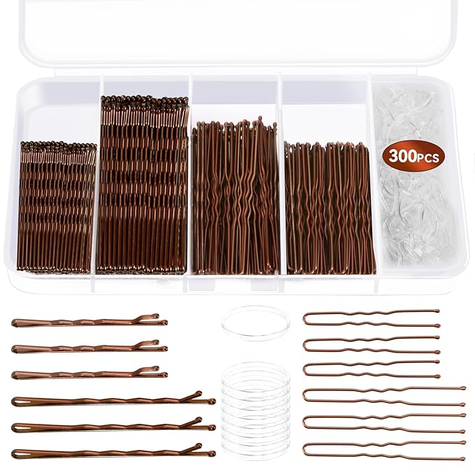 300 Pcs Bobby Pins Hair Pins Kit with Storage Box, 100 Brown Non - Slip Bobby Pins, 100 Invisible Hair Pins for Women and 100 Clear Hair Elastics, Lock in the Style for All Hair Types & Ages