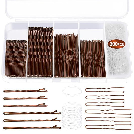 300 Pcs Bobby Pins Hair Pins Kit with Storage Box, 100 Brown Non - Slip Bobby Pins, 100 Invisible Hair Pins for Women and 100 Clear Hair Elastics, Lock in the Style for All Hair Types & Ages