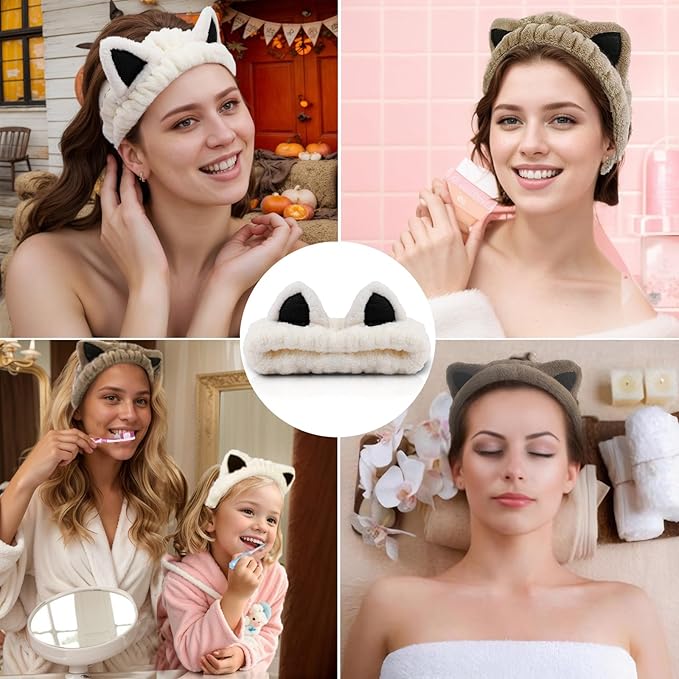 2 Pcs Cat Ears Headband, Cute Spa Headbands for Washing Face Skincare Makeup Headbands for Women Girls Trendy Stuff Present Soft Coral Fleece Hair Accessories(Beige Khaki)