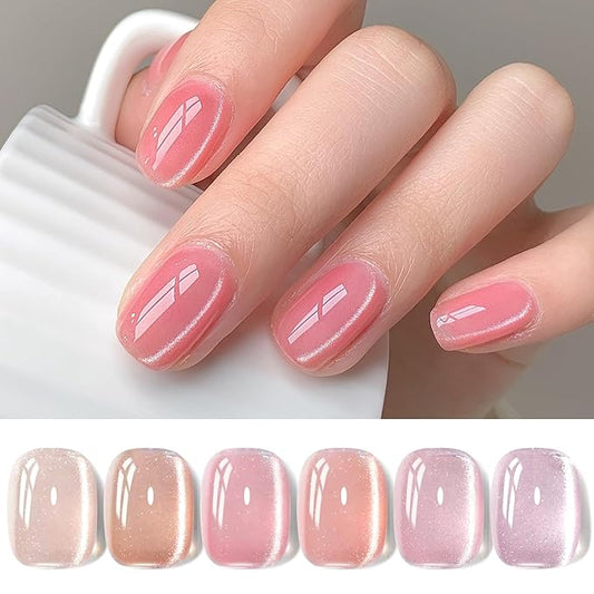 Jelly Pink Silver Cat Eye Gel Nail Polish Set 6 Colors with Magnet for Holographic Glitter Cat Eye, Salon Gel Manicure and Nail Art DIY at Home