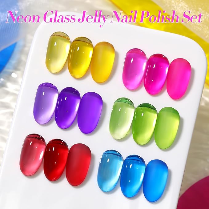 Born Pretty Neon Jelly Nail Polish Set, 6 Colors Halloween Ice Jelly Neon Nail Polish Quick Dry Fingernail Polish Kit Crystal Transparent Hot Pink Yellow Green Blue Nail Lacquer Glossy Polish Set