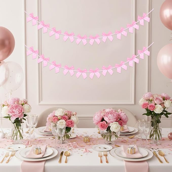 2Pcs Bow Garland Banner,Ribbon Bow Decorations for Party,Pink Bow for Baby Shower Decorations Wedding Bachelorette Bridal Shower Supplies(Pink)