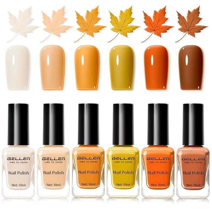 Gellen Maple Brown Nail Polish, Halloween Fall Winter Leaf Regular Nail Polish Air Dry 6-Color Set for Finger Toe Nails Home Salon Manicure Women Girl Gifts, Not UV Gel, Hema Free, Non Toxic, TPO Free