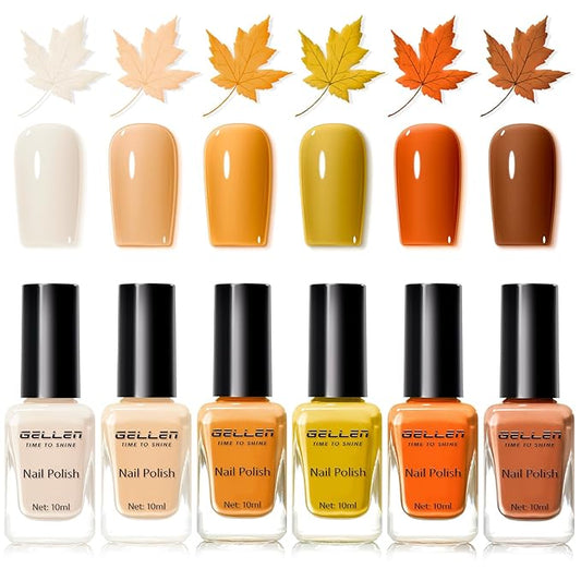 Gellen Maple Brown Nail Polish, Halloween Fall Winter Leaf Regular Nail Polish Air Dry 6-Color Set for Finger Toe Nails Home Salon Manicure Women Girl Gifts, Not UV Gel, Hema Free, Non Toxic, TPO Free