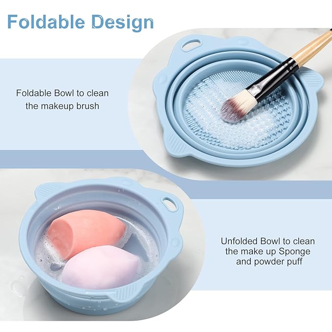 Foldable Silicone Makeup Brush Cleaner Bowl - Etercycle Portable Cleaning Tool for Brushes, Powder Puffs, and Sponges (Blue)