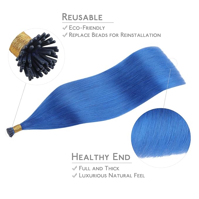 WENNALIFE I Tip Hair Extensions Human Hair, 50g 50s 18 Inch Blue Remy Itip Human Hair Extensions Invisible Itips Straight I Tips Fusion Extensions Real Human Hair