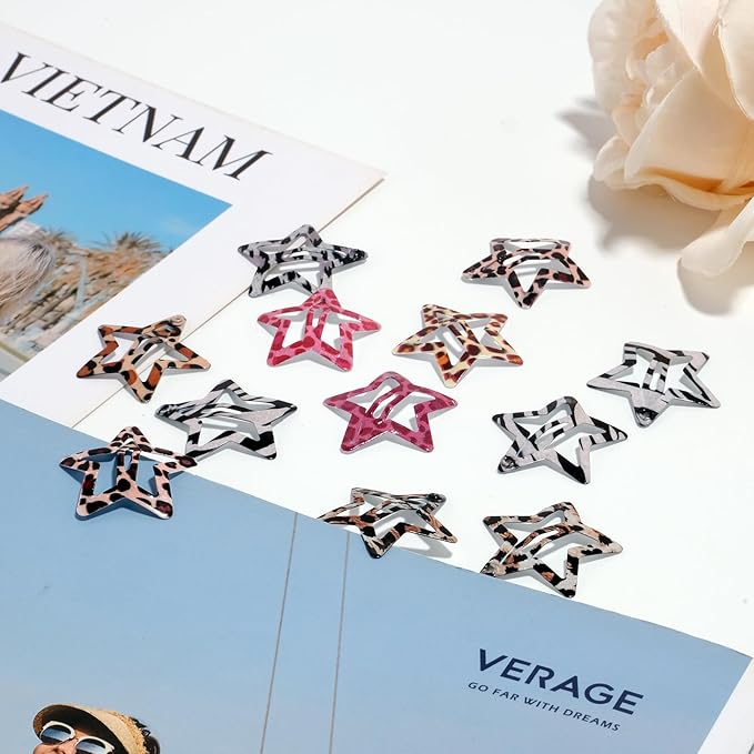 Star Hair Clips Snap Hair Barrettes Non Slip Star Hair Accessories Leopard Colors Metal Hair Clips for Girls Women -16 PCS -Red & Grey