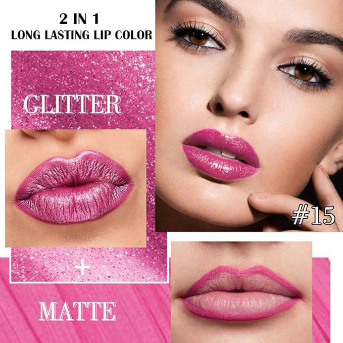 evpct Rose Metallic Glitter Lip Liner and Lipstick Combo Lip Gloss Stain Set Makeup for Women Long Lasting Waterproof 24, Metal Barbie Frosted Metallic Shimmer Glossy Iridescent Liquid Lipstick 15