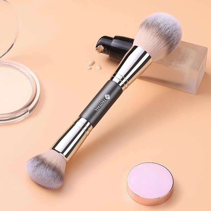 TEOYALL Dual-Ended Setting Powder Brush, Plush Fluffy Synthetic Bristles for Loose Bronzer Contour