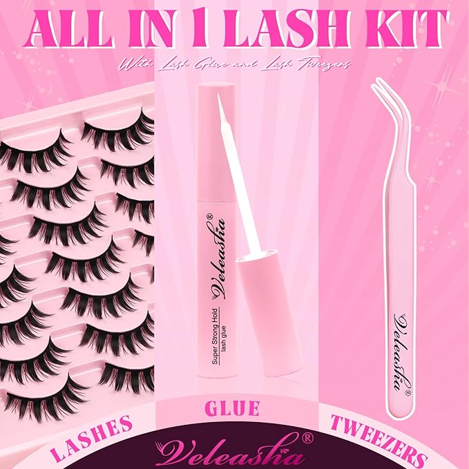 Veleasha Lashes Manga Spiky Natural Eyelashes Kit with Waterproof Lash Glue and Lash Tweezers Anime False Eyelashes 14 Pairs 3D Soft 100% Handmade Fairy Manhua Lashes (3D11-Kit)