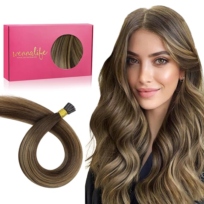 WENNALIFE I Tip Hair Extensions Human Hair, 50g 50s 24 Inch Balayage Chocolate Brown to Caramel Blonde Remy Itip Human Hair Extensions Invisible Itips Straight I Tips Fusion Extensions Real Human Hair