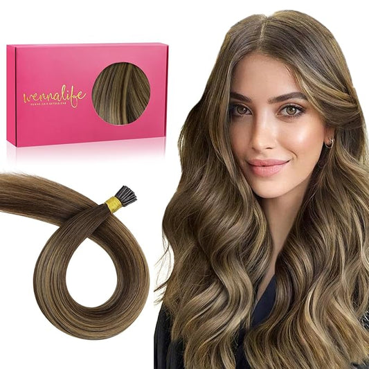 WENNALIFE I Tip Hair Extensions Human Hair, 50g 50s 18 Inch Balayage Chocolate Brown to Caramel Blonde Remy Itip Human Hair Extensions Invisible Itips Straight I Tips Fusion Extensions Real Human Hair