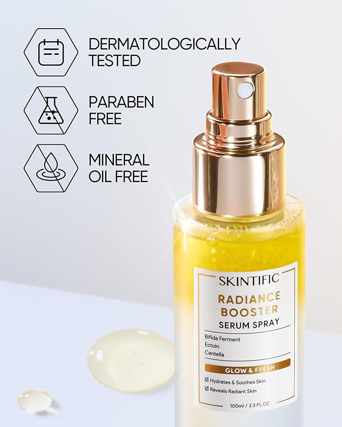 ﻿SKINTIFIC Radiance Booster Serum Spray, Hydrating Face Mist with Bifida Ferment & Squalane, Instant Dewy Glow, Soothes Skin, Vegan Skin Care, All In One Mist 3.3 fl oz